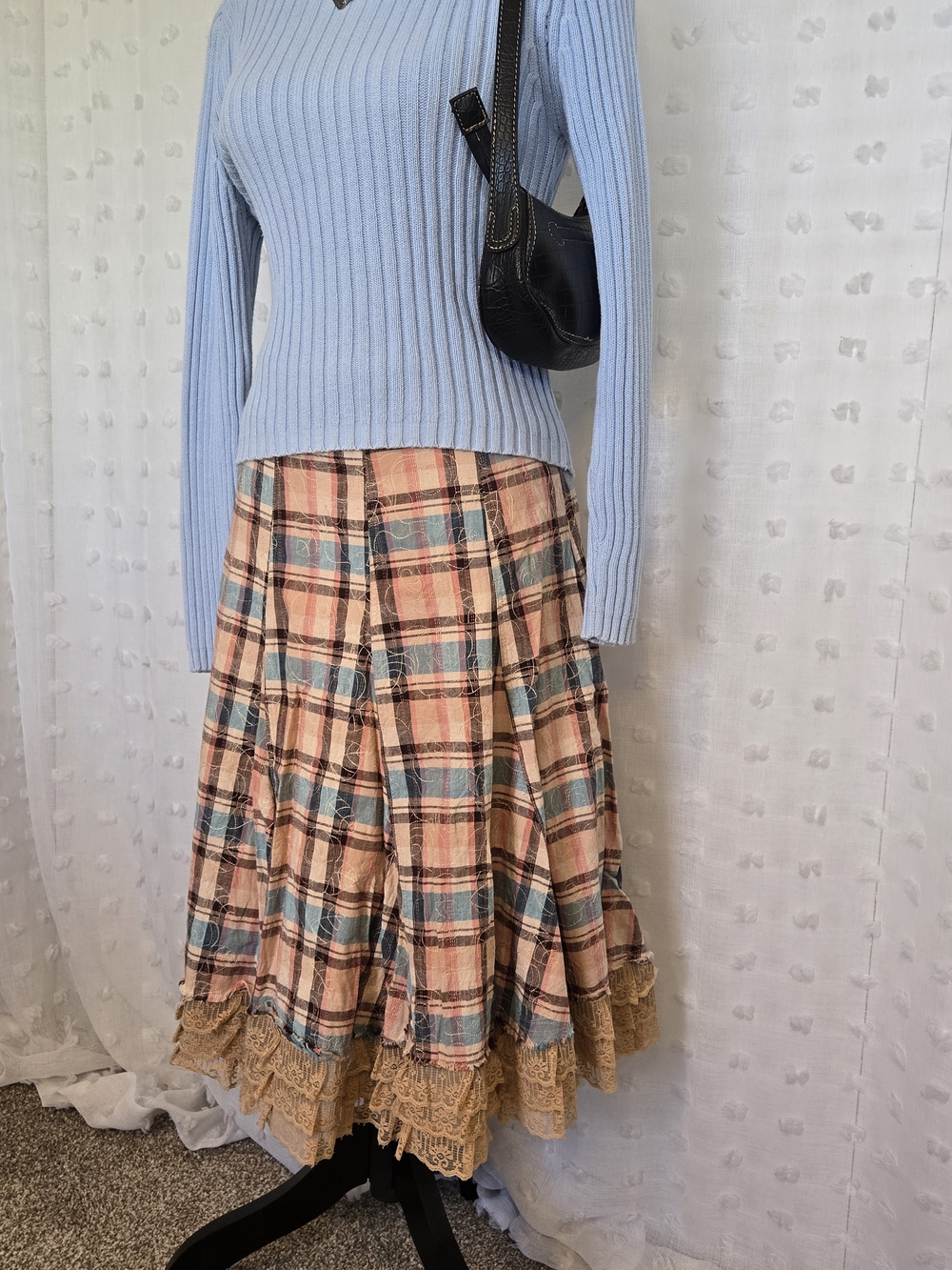 hazel Plaid Pleated Midi Skirt in Blue and Cream with Lace Trim